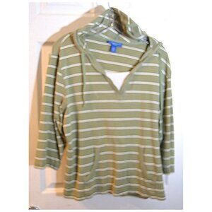 Karen Scott Sport Hoodie Blouse Long Sleeve Top Shirt Green White Stripe Size L
